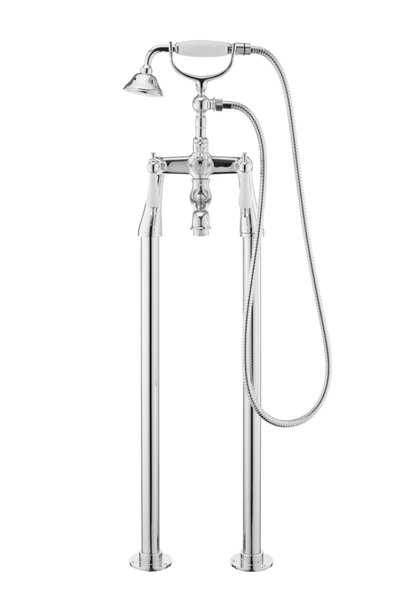 Traditional Bath Shower Mixer On Pipe Stands - Porcelain Lever