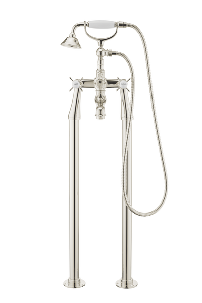 Traditional Bath Shower Mixer On Pipe Stands - Porcelain Lever
