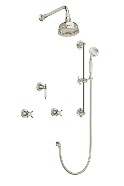Art Deco Shower System With Arm Rose Diverter & Slide Bar Handshower - Metal Levers