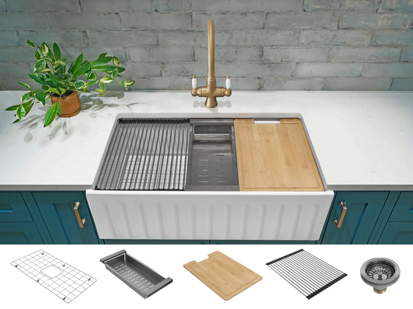 New Product - Fluted Farmhouse Sink with Chopping Board, Grid, Grill, Colander & Waste - 762mm