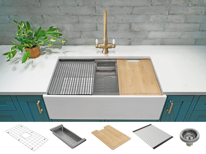 Black Friday Special - Farmhouse Sink with Chopping Board, Grid, Grill, Colander & Waste - 762mm