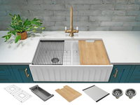Black Friday Special - Fluted Double Farmhouse Sink with Chopping Board, Grid, Grill, Colander & Waste - 840mm