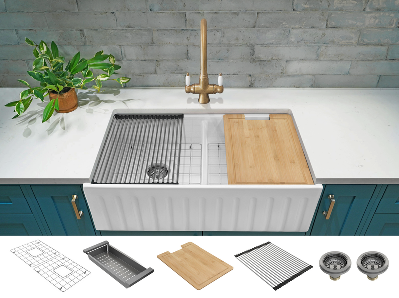 Black Friday Special - Fluted Double Farmhouse Sink with Chopping Board, Grid, Grill, Colander & Waste - 840mm