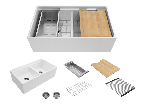 Black Friday Special - Double Farmhouse Sink with Chopping Board, Grid, Grill, Colander & Waste - 840mm