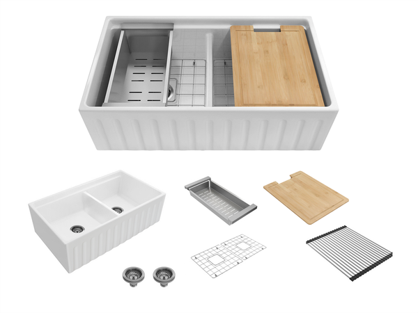 Black Friday Special - Fluted Double Farmhouse Sink with Chopping Board, Grid, Grill, Colander & Waste - 840mm