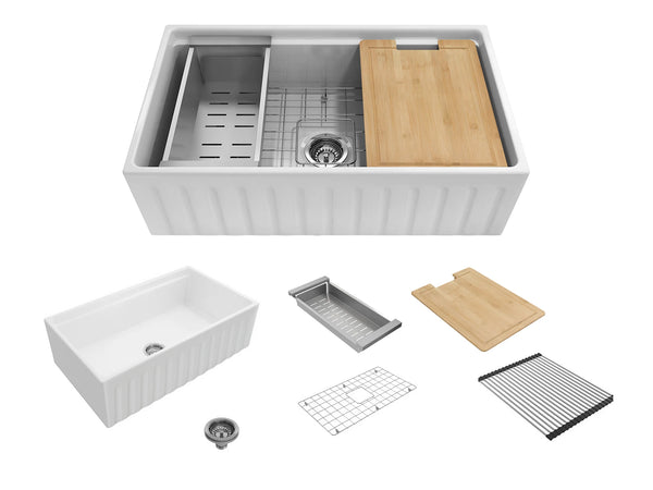 New Product - Fluted Farmhouse Sink with Chopping Board, Grid, Grill, Colander & Waste - 762mm