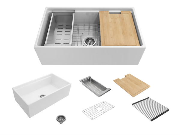 Black Friday Special - Farmhouse Sink with Chopping Board, Grid, Grill, Colander & Waste - 762mm