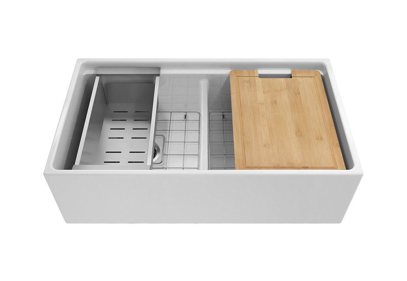 Black Friday Special - Double Farmhouse Sink with Chopping Board, Grid, Grill, Colander & Waste - 840mm