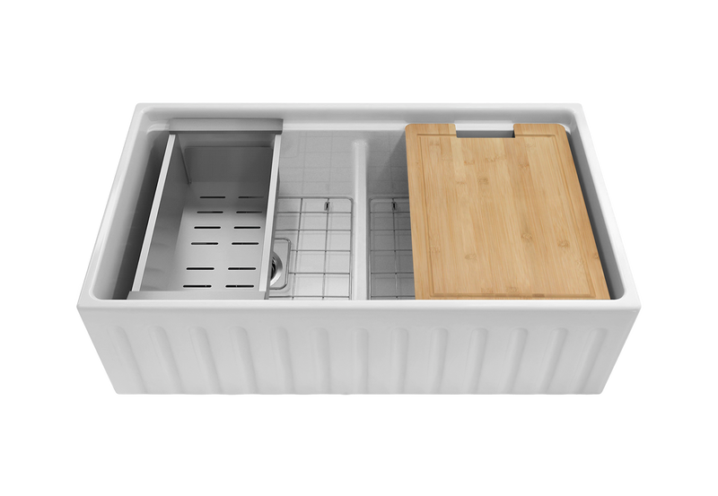 Black Friday Special - Fluted Double Farmhouse Sink with Chopping Board, Grid, Grill, Colander & Waste - 840mm
