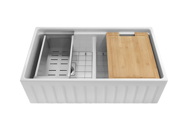 Black Friday Special - Fluted Double Farmhouse Sink with Chopping Board, Grid, Grill, Colander & Waste - 840mm