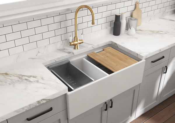 Black Friday Special - Double Farmhouse Sink with Chopping Board, Grid, Grill, Colander & Waste - 840mm