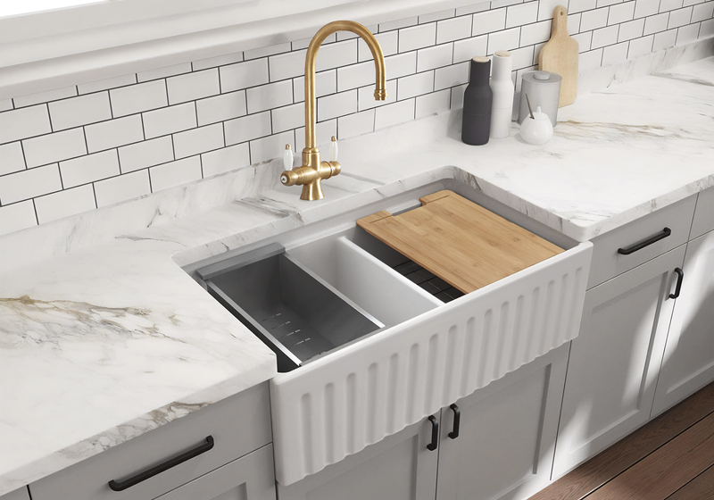 Black Friday Special - Fluted Double Farmhouse Sink with Chopping Board, Grid, Grill, Colander & Waste - 840mm