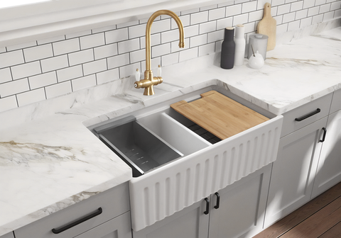 Black Friday Special - Fluted Double Farmhouse Sink with Chopping Board, Grid, Grill, Colander & Waste - 840mm