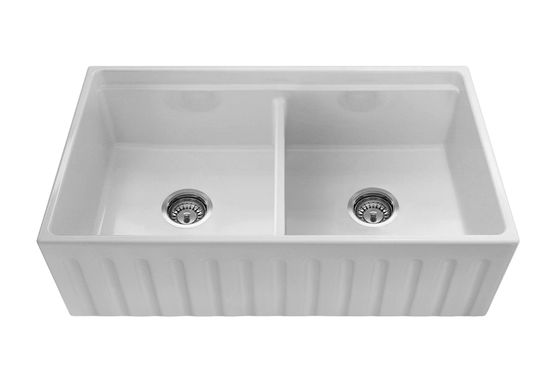 Black Friday Special - Fluted Double Farmhouse Sink with Chopping Board, Grid, Grill, Colander & Waste - 840mm