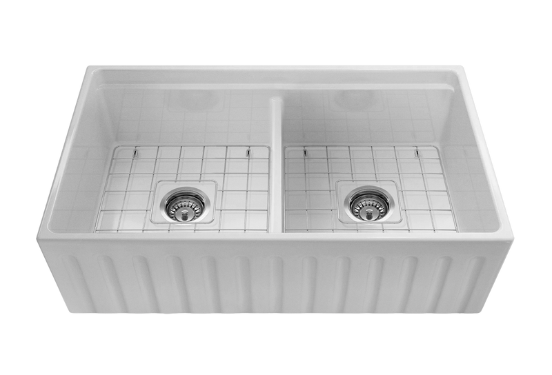 Black Friday Special - Fluted Double Farmhouse Sink with Chopping Board, Grid, Grill, Colander & Waste - 840mm