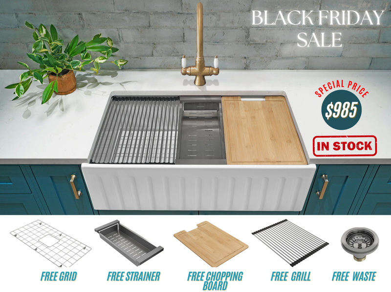 Black Friday Special - Farmhouse Sink with Chopping Board, Grid, Grill, Colander & Waste - 762mm