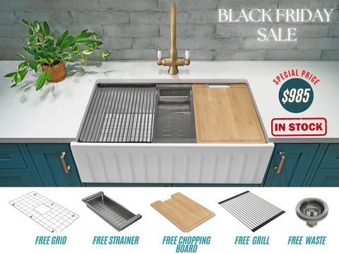 Black Friday Special - Farmhouse Sink with Chopping Board, Grid, Grill, Colander & Waste - 762mm