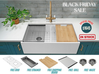 Black Friday Special - Double Farmhouse Sink with Chopping Board, Grid, Grill, Colander & Waste - 840mm