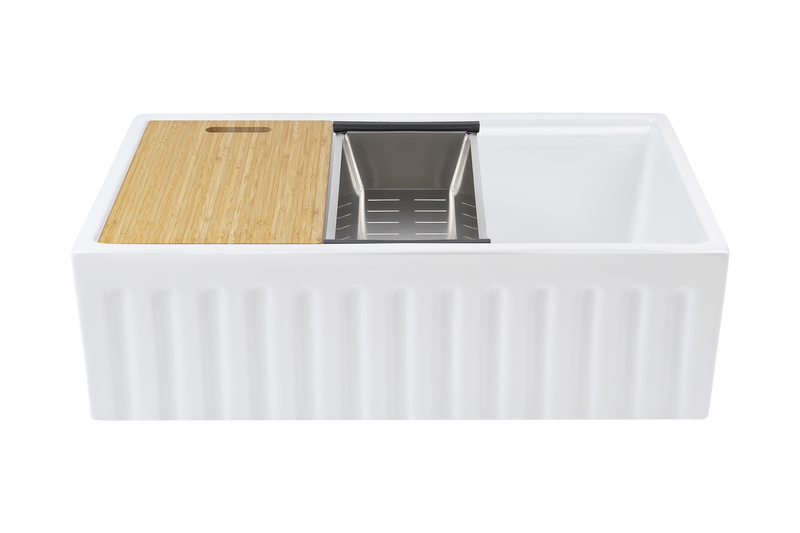 Christmas Special - Fluted Farmhouse Sink with Chopping Board, Grid, Grill, Colander & Waste - 762mm