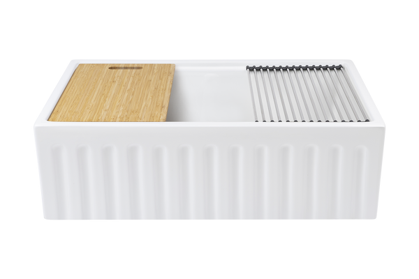 July Special - Fluted Farmhouse Sink with Chopping Board, Grid, Grill, Colander & Waste - 762mm. FREE ACCESSORIES!