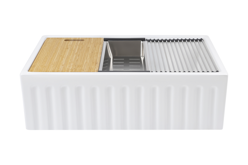 Christmas Special - Fluted Farmhouse Sink with Chopping Board, Grid, Grill, Colander & Waste - 762mm