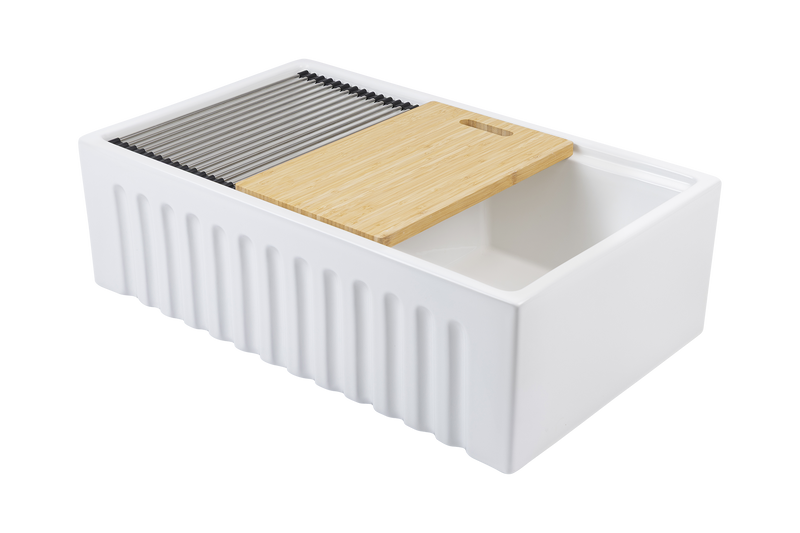 Christmas Special - Fluted Double Farmhouse Sink with Chopping Board, Grid, Grill, Colander & Waste - 840mm