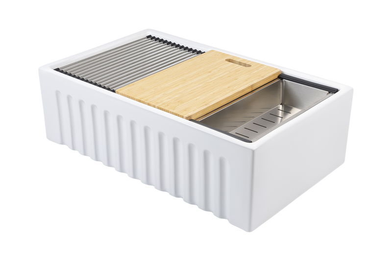 Christmas Special - Fluted Farmhouse Sink with Chopping Board, Grid, Grill, Colander & Waste - 762mm