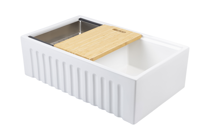 Christmas Special - Fluted Farmhouse Sink with Chopping Board, Grid, Grill, Colander & Waste - 762mm