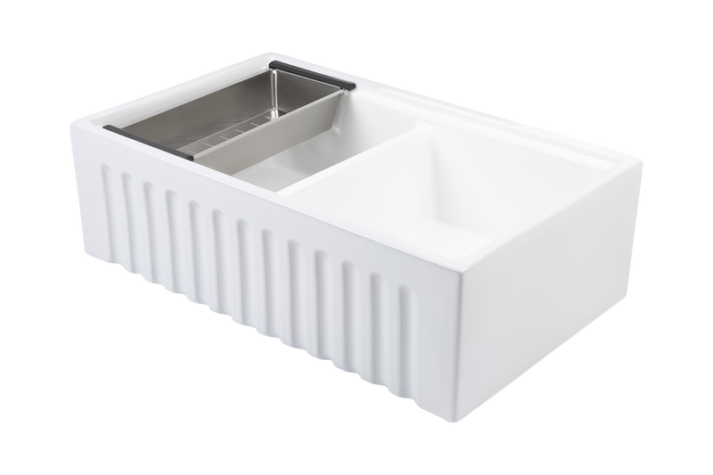 Christmas Special - Fluted Double Farmhouse Sink with Chopping Board, Grid, Grill, Colander & Waste - 840mm