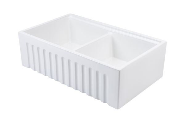 July Special - Fluted Double Farmhouse Sink with Chopping Board, Grid, Grill, Colander & Waste - 840mm. FREE ACCESSORIES!