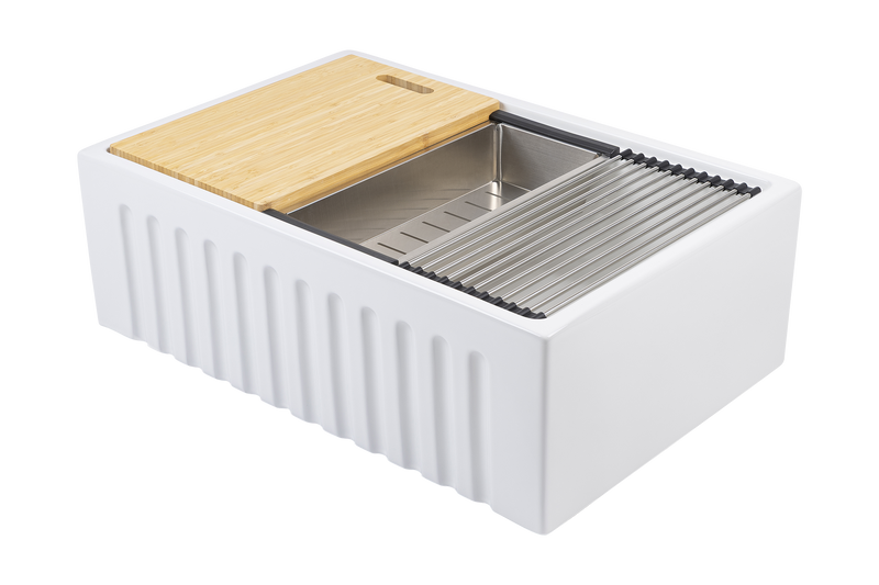 Christmas Special - Fluted Farmhouse Sink with Chopping Board, Grid, Grill, Colander & Waste - 762mm