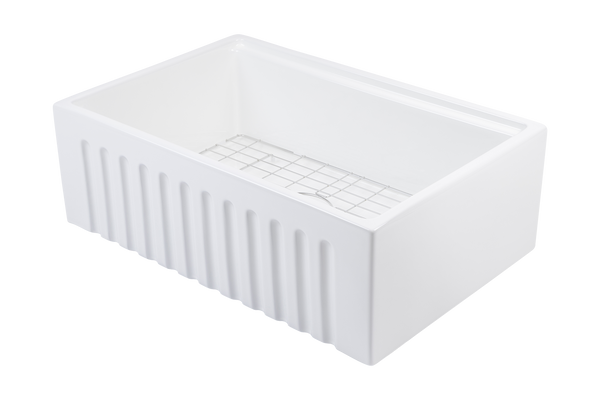 July Special - Fluted Farmhouse Sink with Chopping Board, Grid, Grill, Colander & Waste - 762mm. FREE ACCESSORIES!