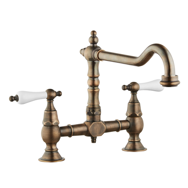 Brunel - Old English Bridge Kitchen Sink Mixer - Metal Handles