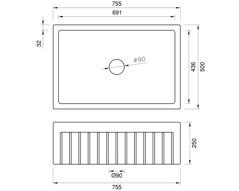 Fluted Belfast Sink - 755 x 500 x 250mm