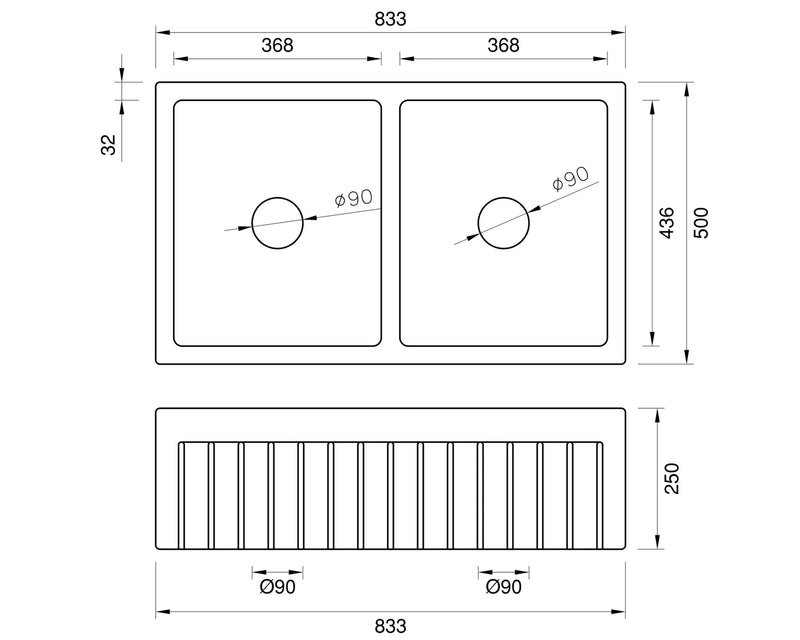 Black Friday Special - Double Fluted Apron Sink - 830 x 500 x 250mm