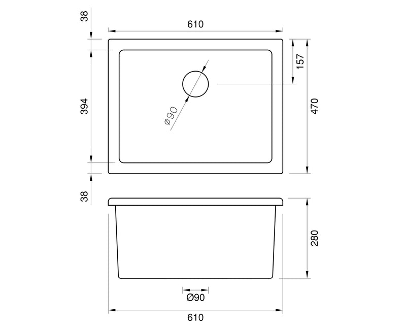 Undermount Fireclay Sink - Small 610 x 470 x 280mm