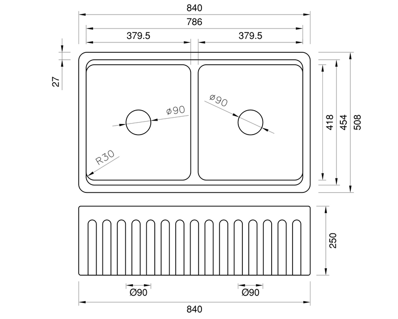 Black Friday Special - Fluted Double Farmhouse Sink with Chopping Board, Grid, Grill, Colander & Waste - 840mm