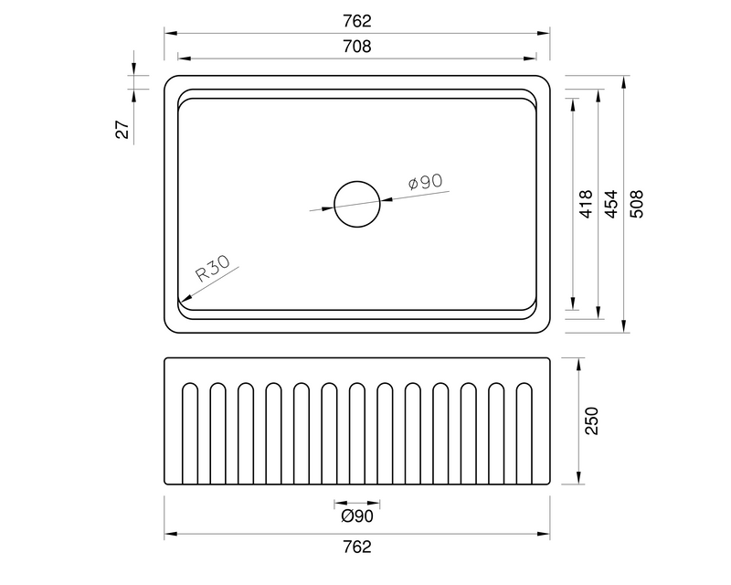 Black Friday Special - Fluted Farmhouse Sink with Chopping Board, Grid, Grill, Colander & Waste - 762mm