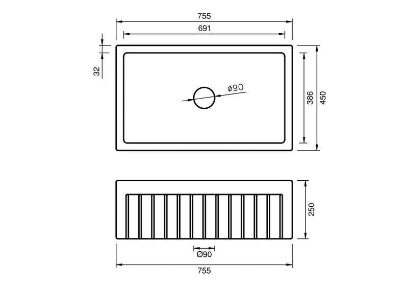 Fluted Belfast Sink - 755 x 450 x 250mm