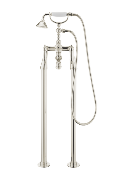 Traditional Bath Shower Mixer On Pipe Stands - Porcelain Lever